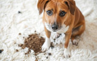 sad dog next to pet stains from carpet in a Superior, CO living room